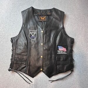 A&H Apparel Vest Mens 2XL Black Leather Sabers Biker Motorcycle Braided Laced